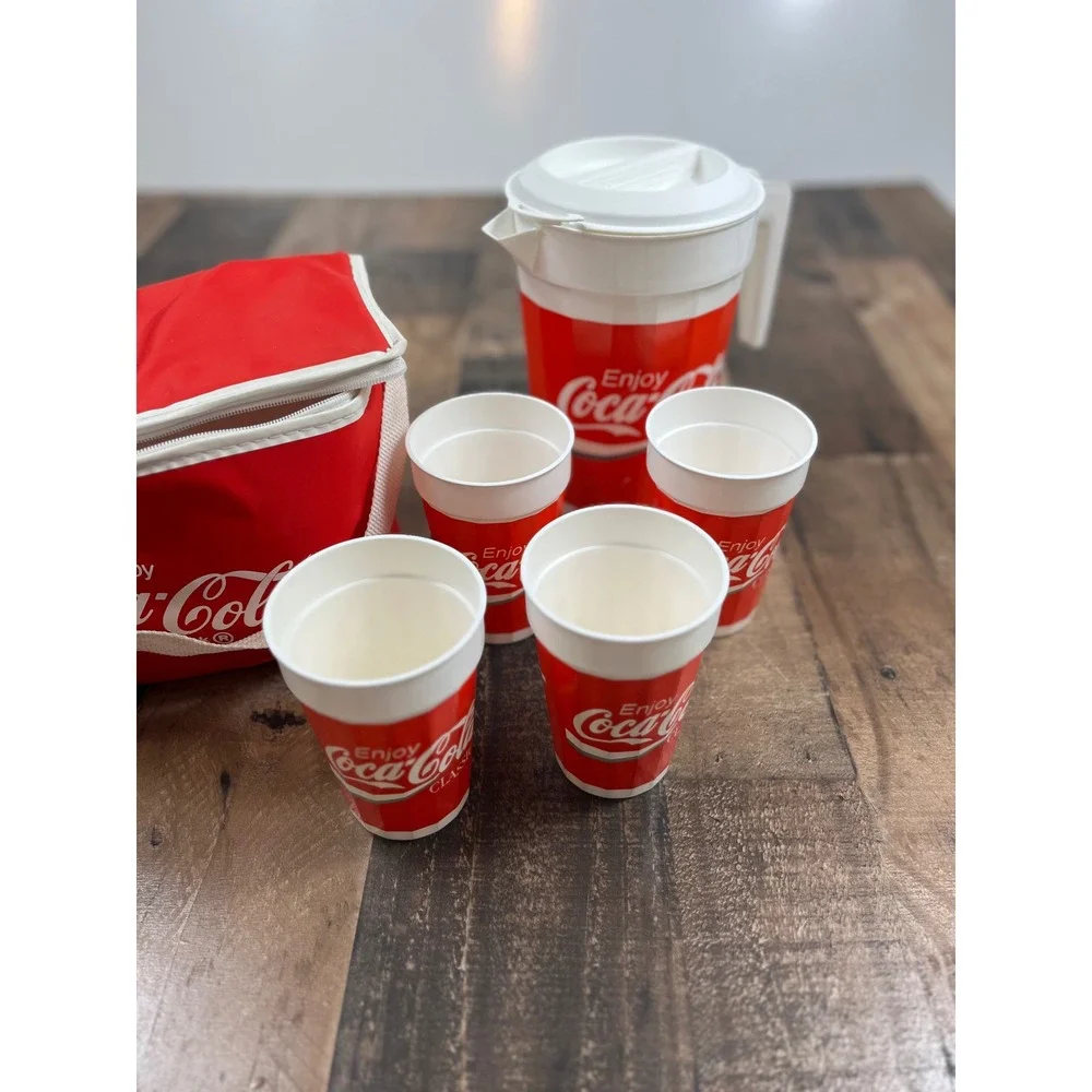 Vintage Coca-Cola Picnic Set Insulated Cooler Bag Pitcher and 4 Cups Red White